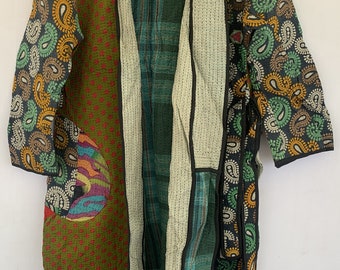 Fine Stitches Vintage Kantha Jacket,Reversible, Multi Color, Jacket,Boho Wear, Winter Coat,Kimono Style ,Poncho,Night Gown,Bath Robe New