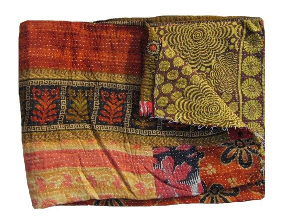 Cotton Sari Reversible Vintage Kantha Quilts Indian Traditional Artisan Bohemain Multi Color Twin Size Floral Throw Ethnic One of Kind 41