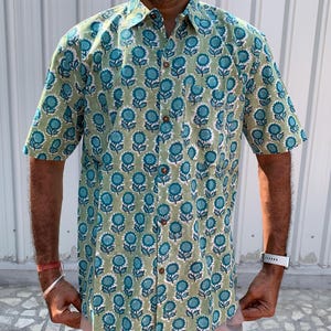 Block print shirt , Men&#39;s summer shirt , Hand Block Printed Shirt , Leaf  Printed Shirt , Short sleeve Shirt , Indigo  Print Shirt