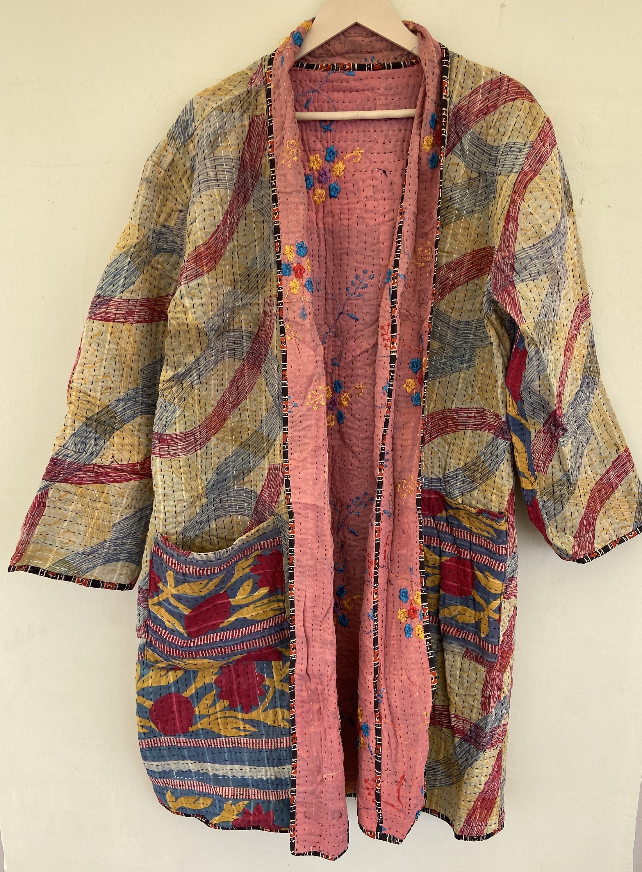 Fine Stitches Vintage Kantha Jacket,Reversible, Multi Color, Jacket,Boho Wear, Winter  Coat,Kimono Style ,Poncho,Night Gown,Bath Robe
