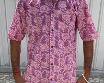 Men&#39;s summer shirt , Block print shirt ,  , Indian Hand Block Printed Shirt , Leaf  Printed Shirt , Short sleeve Shirt , Indigo  Print Shirt