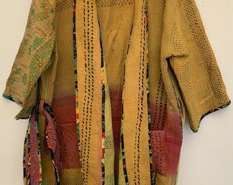 Fine Stitches Vintage Kantha Jacket,Reversible, Multi Color, Jacket,Boho Wear, Winter Coat,Kimono Style ,Poncho,Night Gown,Bath Robe New