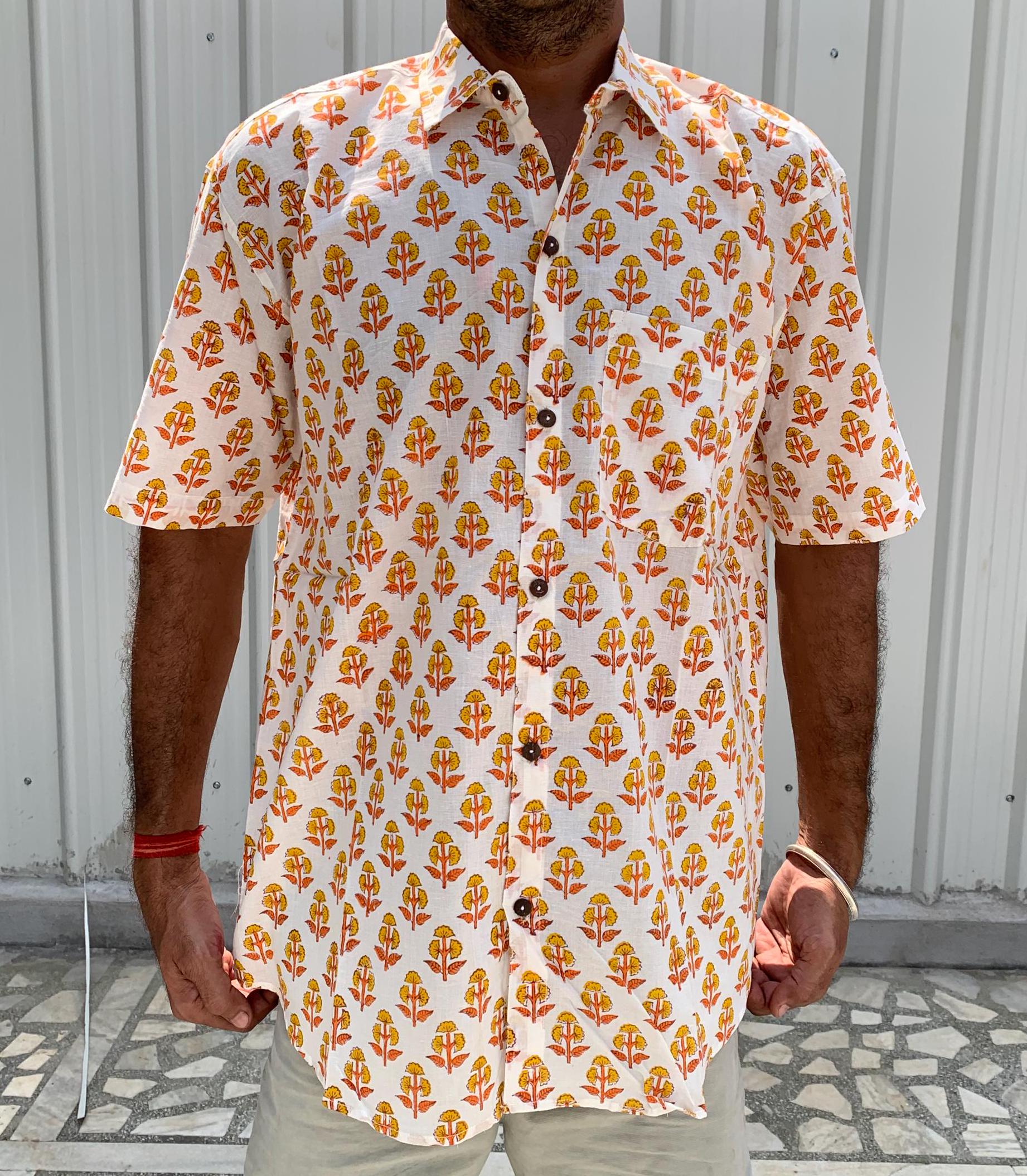 Block print shirt , Mens summer shirt , Indian Hand Block Printed Shirt , Leaf  Printed Shirt , Short sleeve Shirt , Indigo  Print Shirt