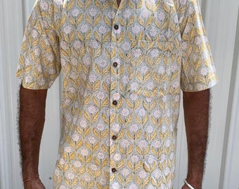 Indigo print shirt , Mens summer shirt , Indian Hand Block Printed Shirt , Cotton Printed Shirt , Short sleeve Shirt , Block Print Shirt