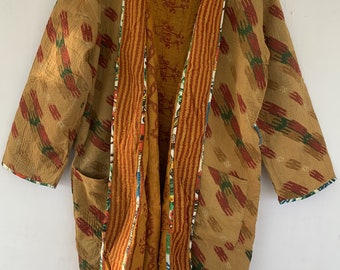 Fine Stitches Vintage Kantha Jacket,Reversible, Multi Color, Jacket,Boho Wear, Winter  Coat,Kimono Style ,Poncho,Night Gown,Bath Robe sm1