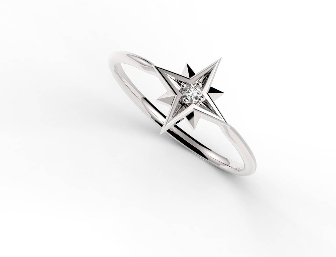 14k Diamond Star Ring North Star Ring Dainty Ring Solid Etsy