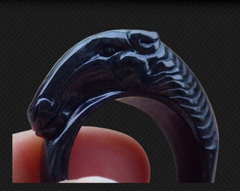 Superb Black Jadeite Jade Horse Ring Size 12.5/13 Glassy Grade A Untreated Certified Smooth lines, amazing artistry Large piece