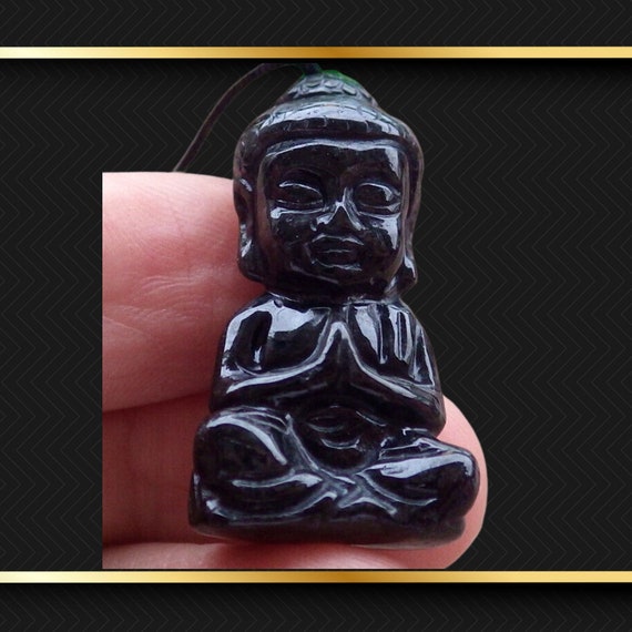 Sweet Black Buddha Baby Carved Jadeite Jade Penda… - image 3