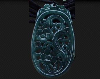 Finely Carved Floral Jadeite Jade Pendant with outstanding glassy polish, A grade, mined in Burma, untreated, beautiful carving.