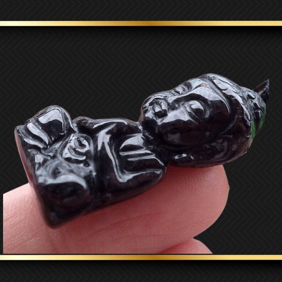 Sweet Black Buddha Baby Carved Jadeite Jade Penda… - image 1