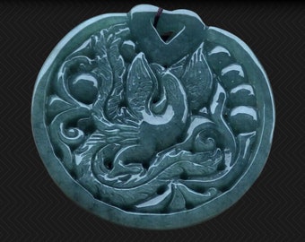 Magnificent large Phoenix Dragon Carved Jadeite Jade Pendant  A grade, mined in Burma, untreated, beautiful carving.