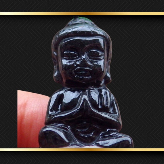 Sweet Black Buddha Baby Carved Jadeite Jade Penda… - image 2