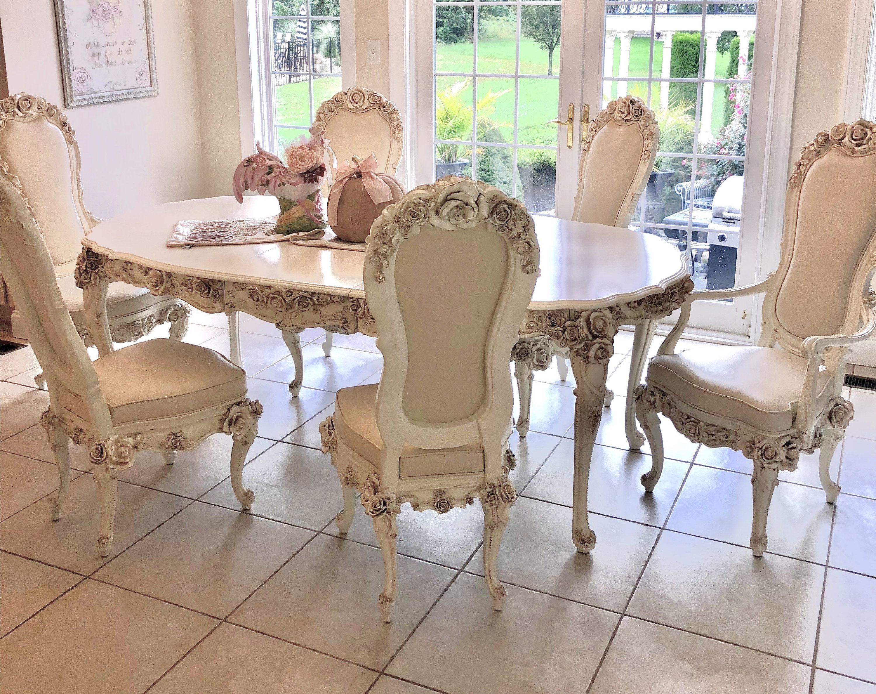 Dining Table Ornate Oval Plus 6 Chairs Roses French Solid Wood 