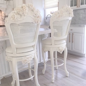 Barstool roses french elegant white caneback new upholstery swivels sold as one bar stool