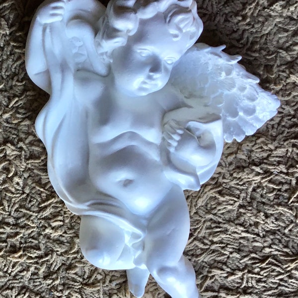 Cherub furniture applique 10 inch resin wall decor, left hand raised, sash wings shabby chic Victorian vintage one of a pair available