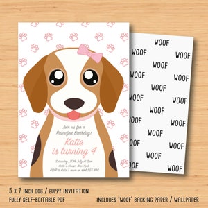 May include: A printable 5x7 inch dog puppy birthday invitation with a cartoon beagle wearing a pink bow. The invitation has a pink paw print pattern and the text "Join us for a Pawfect Birthday! Katie is turning 4. Saturday, 30th July at 2pm. Katie's House, New York. RSVP to Katie's mum on 444.555.444".