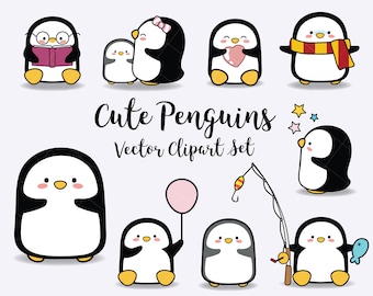 Vector Clipart- Kawaii Penguins -  Kawaii Clipart - Cute Penguins Clipart Set - 300 dpi transparent Quality Vectors png - Instant Download -