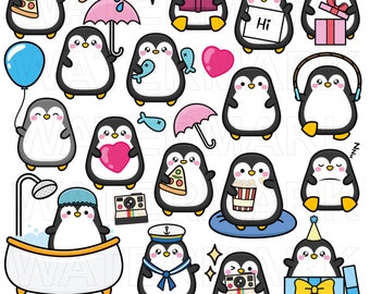 Schattige pinguïn clipart, kawaii pinguïn clipart, pinguïn verjaardag, pinguïn, vis, SVG, PNG, klein commercieel gebruik