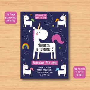 Unicorn Invitation, unicorn baby shower Printable, Customized, DIY invitation, Girl&#39;s Unicorn Party, Birthday, self editable 5x7 inch pdf