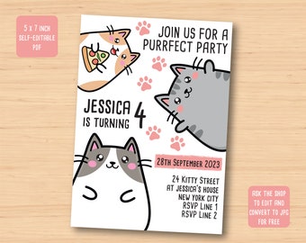 Instant download gepersonaliseerde kat en Kitty verjaardagsfeestje uitnodiging en baby shower uitnodiging 5 x 7 inch