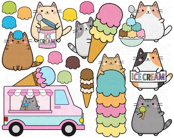 Vector Clipart Kawaii Cat, cute Ice Cream party cats, cat clipart, cats clipart, instant download 300dpi png and svg, commercial use