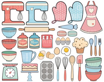 Juego de imágenes prediseñadas para hornear, horneado Kawaii, batir imágenes prediseñadas, cuencos, báscula de pesaje, imágenes prediseñadas de guante y guante de horno, horneado retro, svg, png, uso comercial