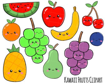 Vector Clipart - Kawaii Fruits - Cute Fruits Clipart Set - High Quality Vectors - Instant Download - Kawaii Fruits Clipart 300dpi png svg