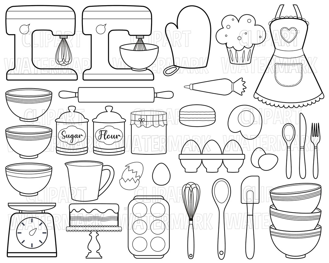 Baking Clipart Set, Kawaii Baking, Whisk Clipart,bowls, Weighing Scale, Apron and Oven Glove