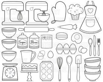 Baking clipart set, Kawaii baking, whisk clipart,bowls, weighing scale, apron and oven glove clipart, retro baking, svg, png, commercial use