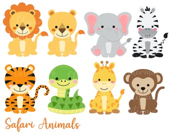 Safari animals clipart, Baby safari animals clip art, lion clipart, tiger clipart, snake, elephant, monkey, PNG, SVG commercial use