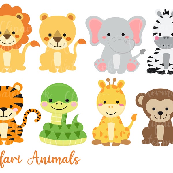 Safari animals clipart, Baby safari animals clip art, lion clipart, tiger clipart, snake, elephant, monkey, PNG, SVG commercial use