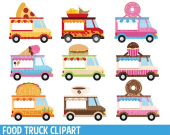Food truck clipart set, food truck clip art, pizza, donut, hotdog van clipart, cake, taco van clipart, svg, png, commercieel gebruik