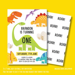 May include: A printable dinosaur-themed first birthday party invitation with a green dinosaur, a yellow dinosaur, an orange dinosaur, and a purple dinosaur. The invitation says "Brandon is turning one" and includes the date and time of the party. The invitation also includes a background pattern of the word "Roar!" repeated.