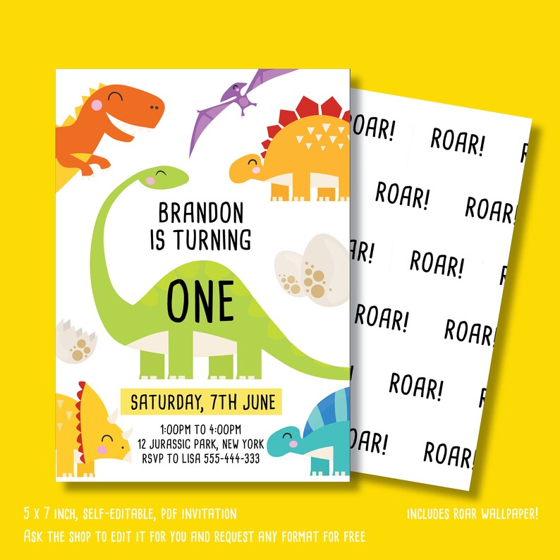 May include: A printable dinosaur-themed first birthday party invitation with a green dinosaur, a yellow dinosaur, an orange dinosaur, and a purple dinosaur. The invitation says "Brandon is turning one" and includes the date and time of the party. The invitation also includes a background pattern of the word "Roar!" repeated.