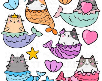 Mermaid Clipart, Cat Mermaid Clipart, Kawaii Cat Clipart, SVG and PNG small commercial use