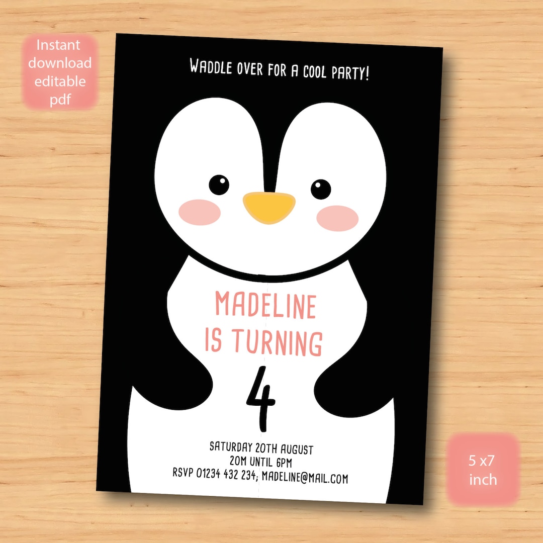 Instant Download Personalised Penguin Birthday Party Invitation and