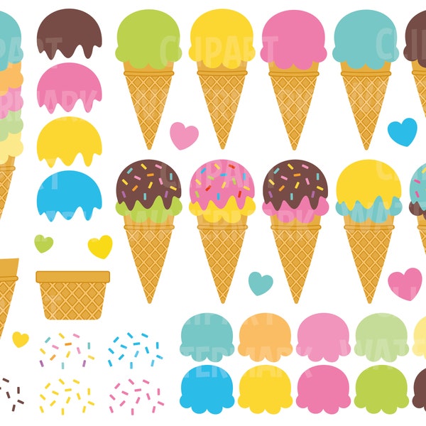 Ice Cream Clipart, Ice cream cône clip art ensemble, construire votre propre crème glacée, clipart gelato, crème glacée colorée, svg, png, utilisation commerciale