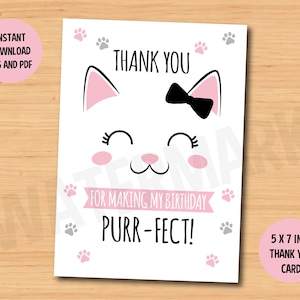 Cartão de agradecimento de gato fofo DOWNLOAD INSTANTÂNEO, etiquetas de agradecimento de gatos, cartão de agradecimento de gatinho, imprimíveis de aniversário de gato e gatinho 5x7 polegadas