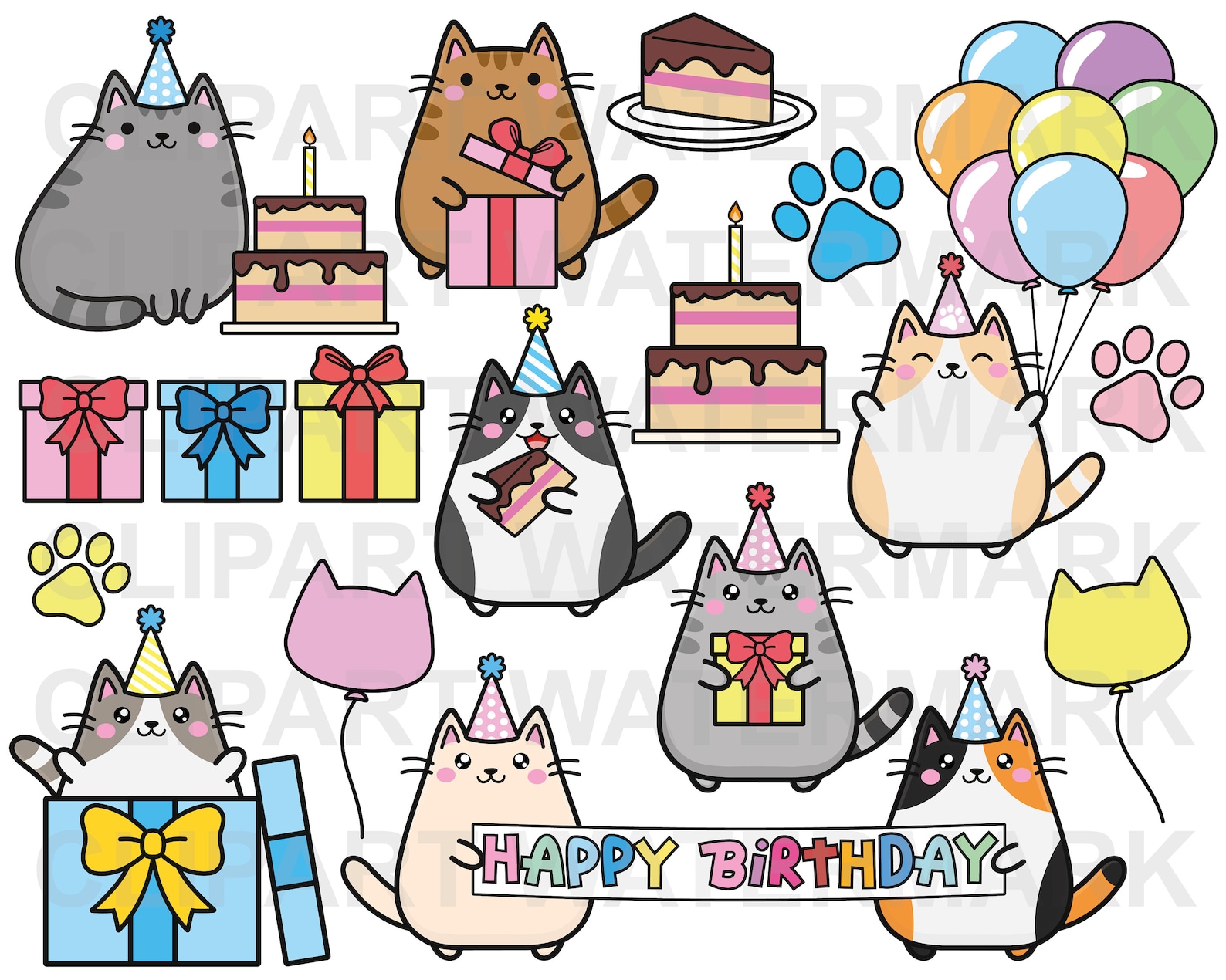 Vector Clipart Kawaii Cat Cute Birthday Party Cats Sleeping Etsy UK
