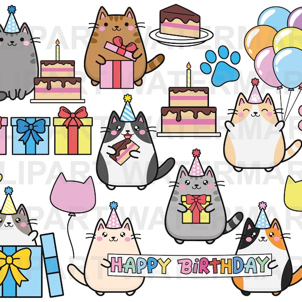 Vector Clipart Kawaii Cat, cute birthday party cats, sleeping cat clipart, cats clipart, instant download 300dpi png and svg, commercial use