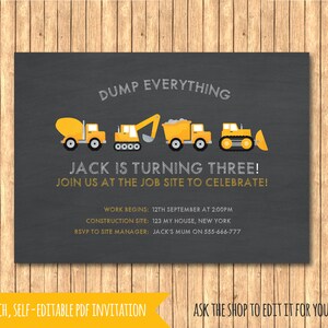 Construction lorry birthday invitation-SELF EDITABLE PDF -5 x 7inch Customisable Printable Birthday Party Invite - Instant Download