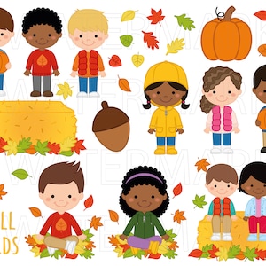 Puede incluir: Clipart de temática otoñal con niños que llevan colores de otoño y sostienen calabazas, bellotas y hojas. El texto "Fall Kids" está en la parte inferior de la imagen.