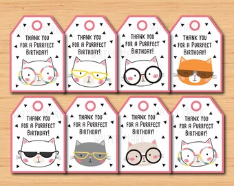 Puede incluir: Ocho etiquetas de regalo rosas y blancas con patrones de triángulos y círculos negros. Cada etiqueta presenta un gato de dibujos animados con gafas con diferentes marcos y lentes de colores. El texto en cada etiqueta dice "¡Gracias por un cumpleaños perfecto!"