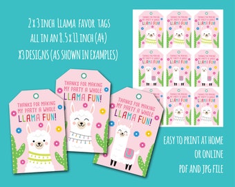 Peut inclure: Etiquettes de faveur imprimables en forme de lama, en rose, vert et blanc, avec le texte "Merci d'avoir rendu ma fête un vrai plaisir de lama !" Les étiquettes mesurent 5 x 7,6 cm et sont vendues par lot de 12. Les étiquettes sont faciles à imprimer à la maison ou en ligne au format PDF et JPG.