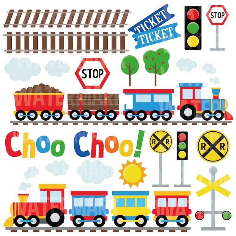 May include: A set of colorful train-themed clip art images, including a train engine, train cars, a stop sign, a railroad crossing sign, a ticket, and a sun. The text "Choo Choo!" is written in rainbow colors.
