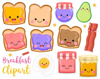 Kawaii Breakfast Clipart, toast clipart, bacon clipart, bread clipart, eggs clipart, jam clipart, avocado, vector clipart, commercial use