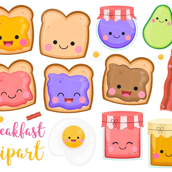 Kawaii Breakfast Clipart, toast clipart, bacon clipart, bread clipart, eggs clipart, jam clipart, avocado, vector clipart, commercial use