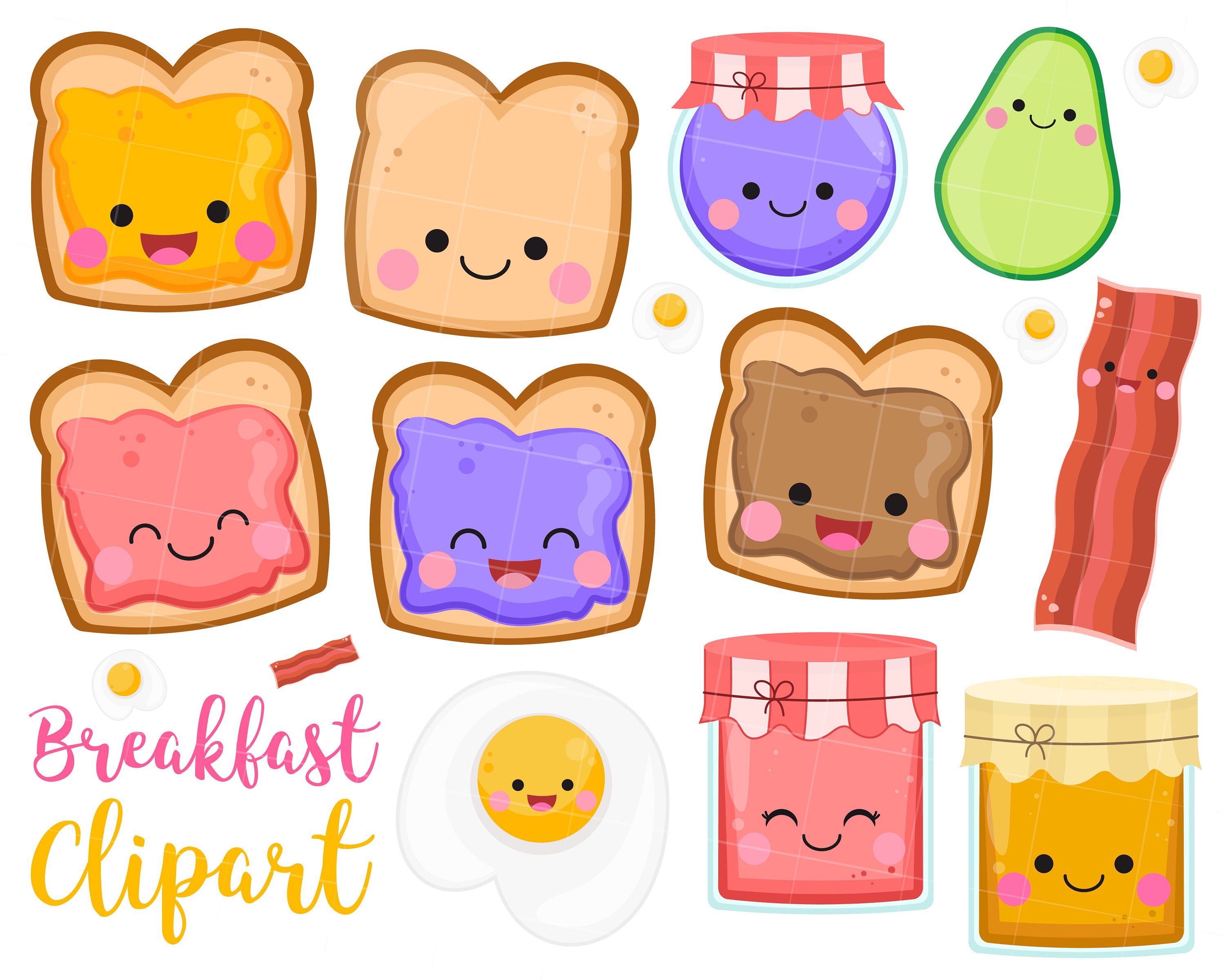 Kawaii Breakfast Clipart, Toast Clipart, Bacon Clipart, Bread Clipart ...