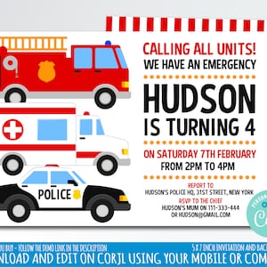 Emergency vehicles Birthday Party Invitation, Fire party invite, police invitation, ambulance birthday 5 x 7 inch instant download