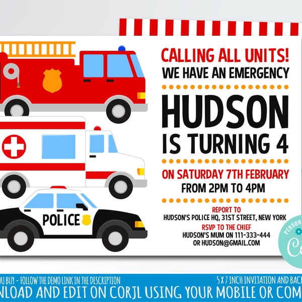 Emergency vehicles Birthday Party Invitation, Fire party invite, police invitation, ambulance birthday 5 x 7 inch instant download